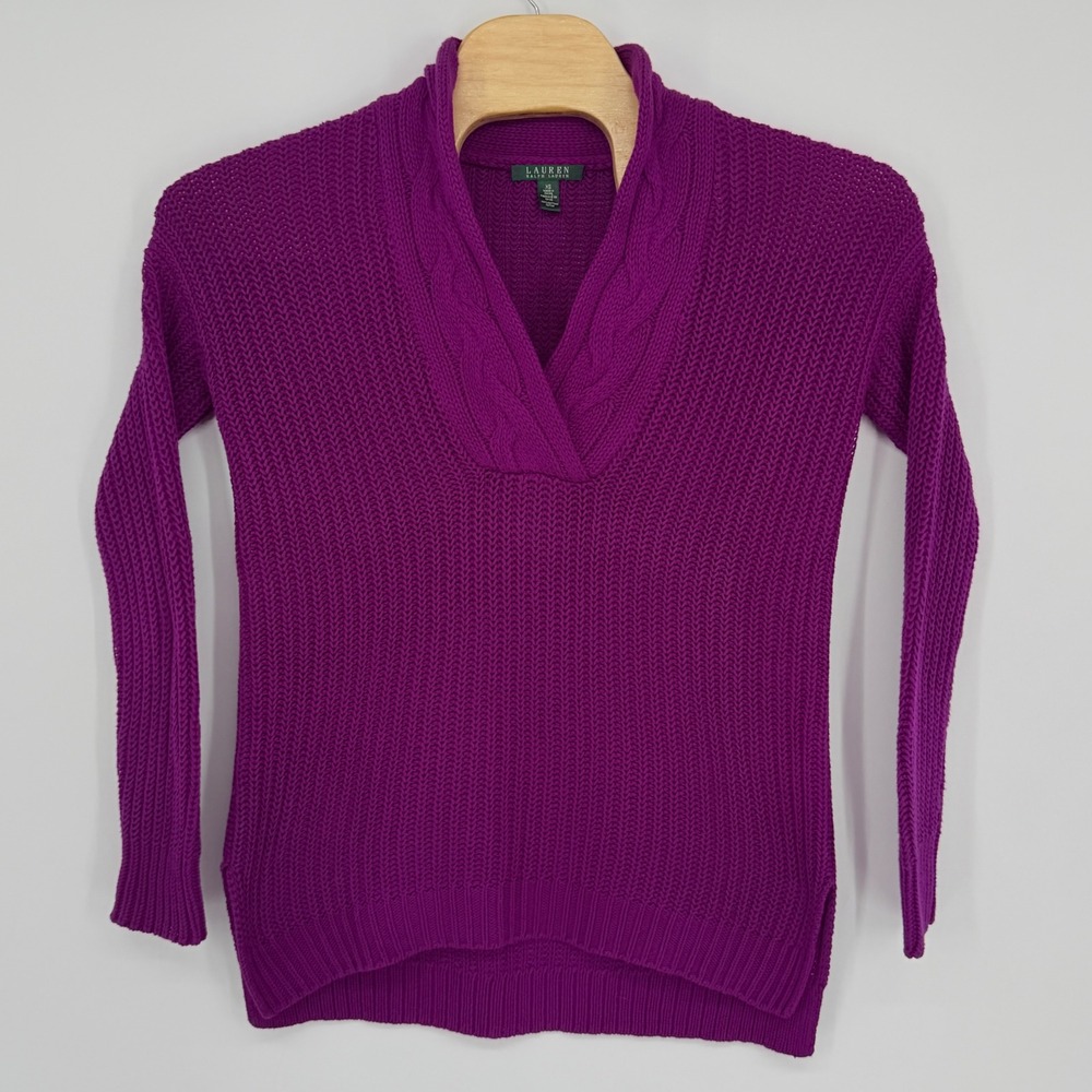 Ralph Lauren Sweater Women XS Purple V-Neck Cable Knit Shawl Pullover Fall Prep - Picture 2 of 10